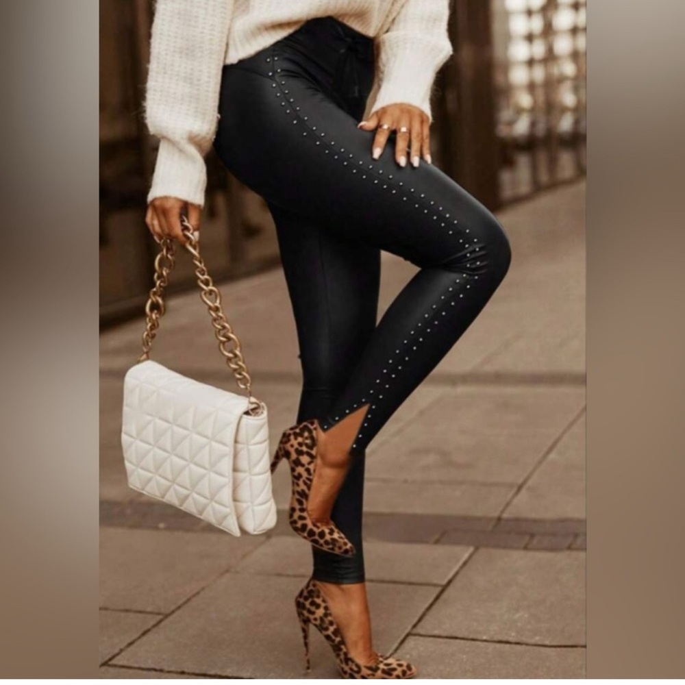 NEW Black Studded Women's Faux Leather Pants